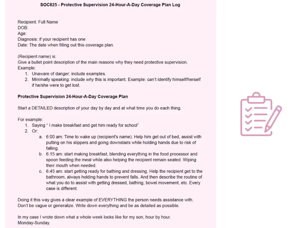 IHSS SOC825 - Protective Supervision 24-Hour-A-Day Coverage Plan Log examples